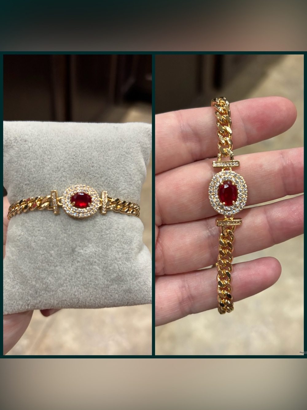 Gold-Tone Bracelet with Red Oval Gemstone and Pavé Crystals